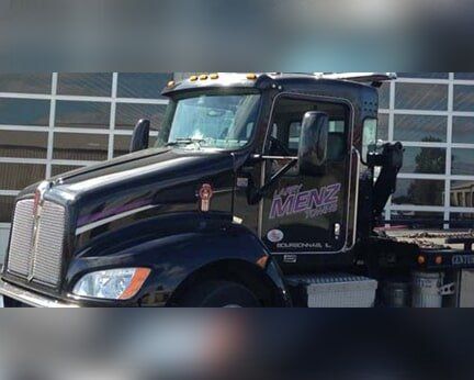 Black Kenworth wrecker door lettering Larry MENZ Towing, Bourbonnais IL